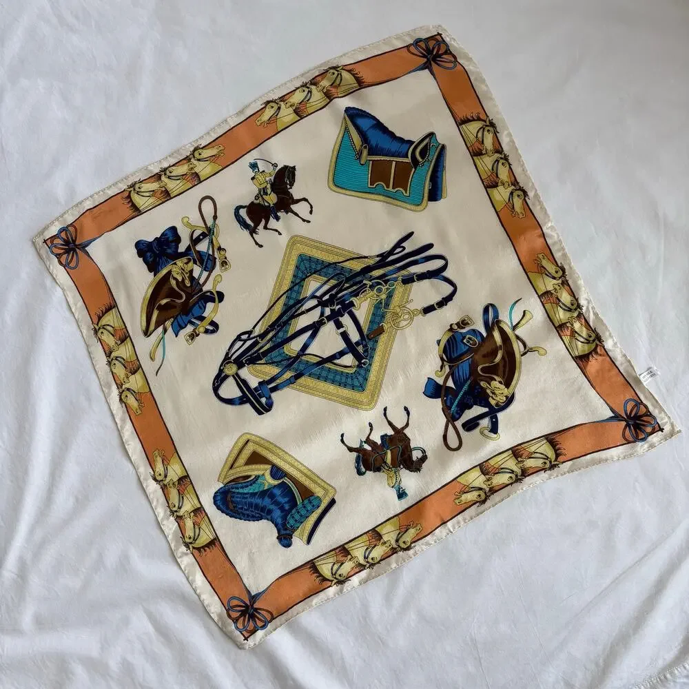 Vintage 100% Silk Equestrian Horse Scarf Blue Cream Square